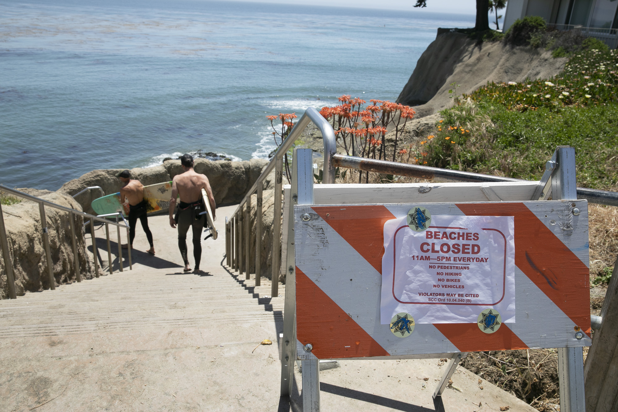 Surfers carry their boards down to the water at noon despite daytime beach closures at Pleasure Point in Santa Cruz on May 7, 2020. Photo by Anne Wernikoff for CalMatters