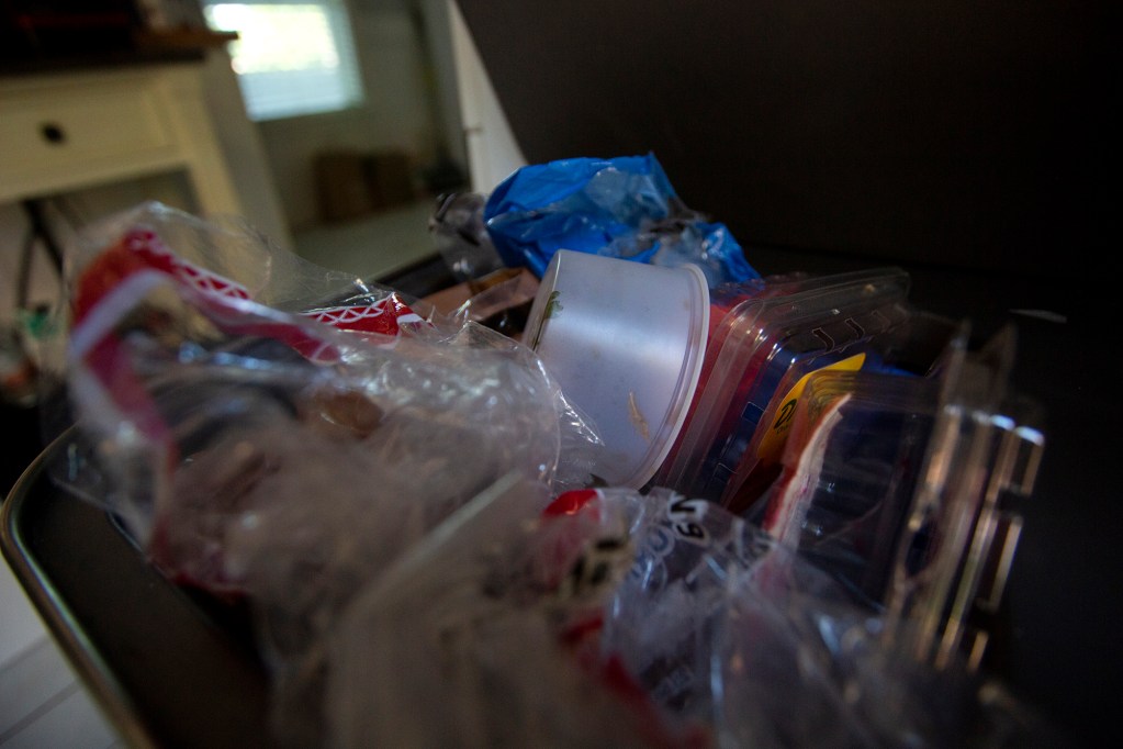Plastic waste in a recycling bin at a home in Sacramento on June 30, 2022. Photo by Miguel Gutierrez Jr., CalMatters