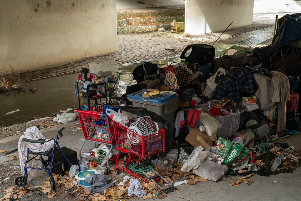 A homeless camp at Guadalupe River Park in San Jose, on Jan. 12, 2024. Photo by Loren Elliott for CalMatters