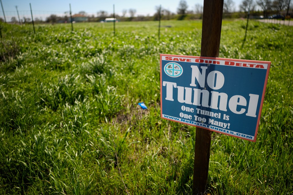 A blue and white sign reading "No Tunnel – One Tunnel is One Too Many!" is posted on a wooden stake in a grassy field. The sign also features the phrase "Save Our Delta" in red text at the top and a website address at the bottom. The background consists of a lush green field with a wire fence, a distant road, and a few vehicles visible under a bright blue sky. Sunlight casts shadows on the sign and the grass.