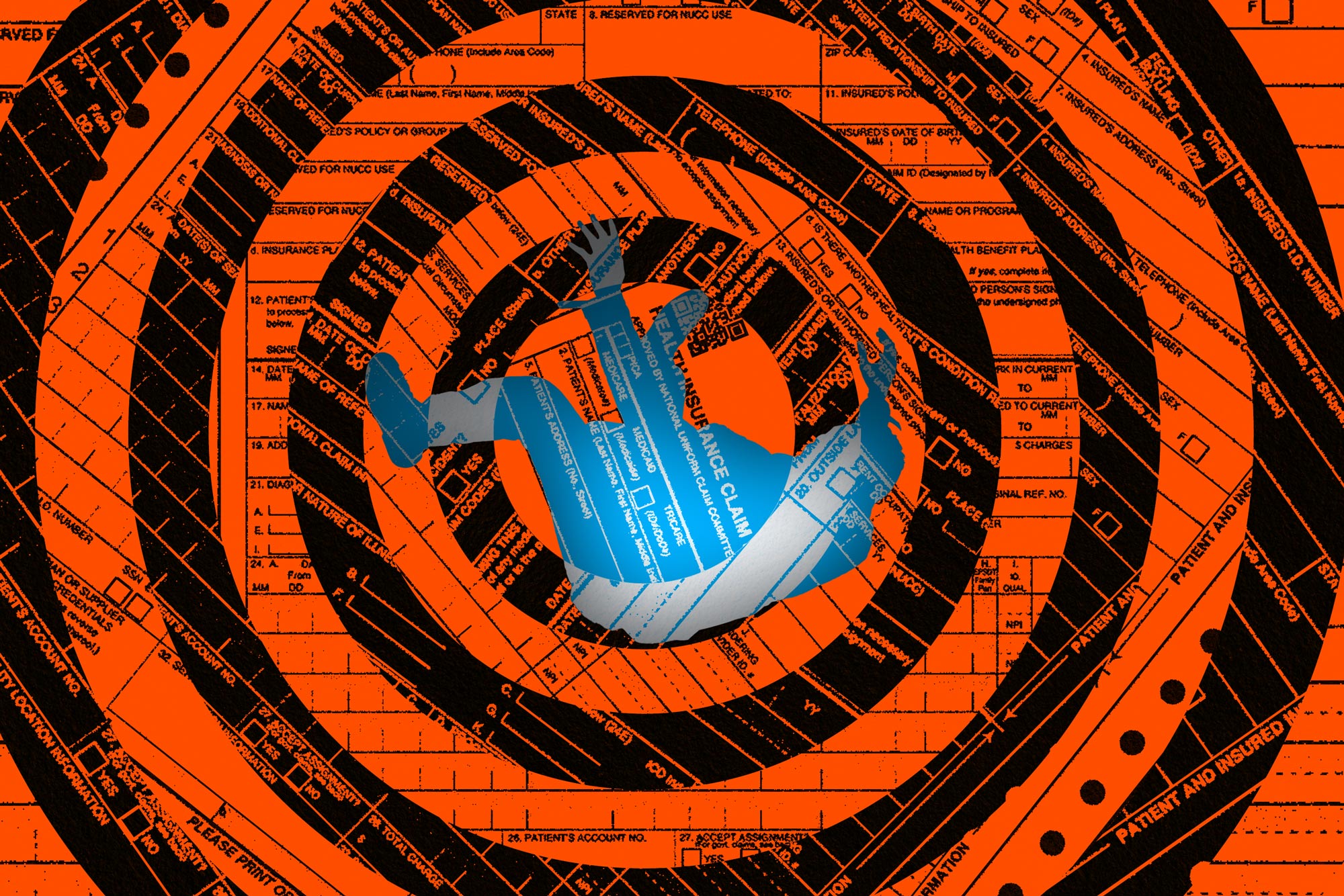 Illustration of a silhouette of a person in freefall, set against a background of concentric circles composed of insurance health claim forms in bold orange and black