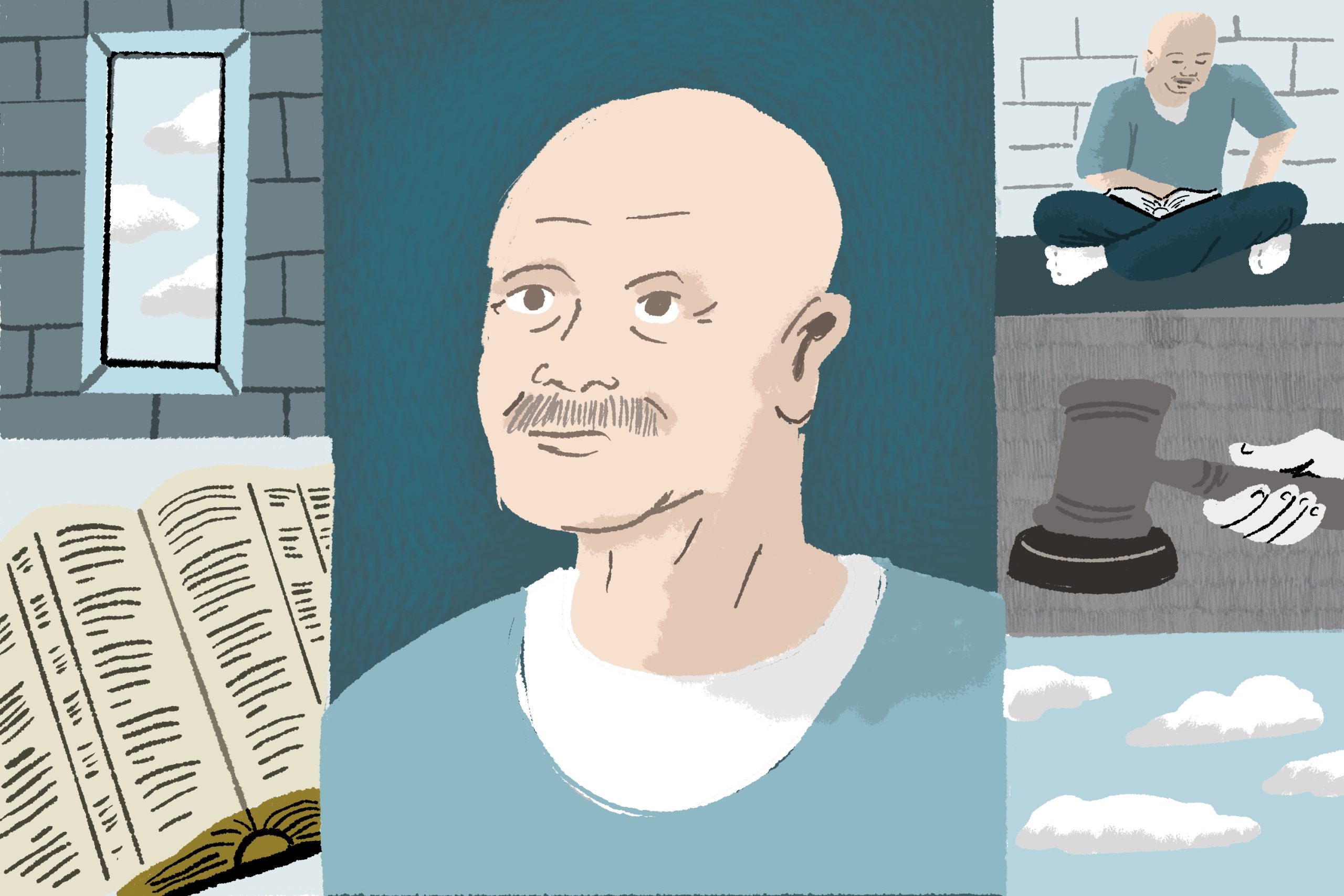Illustration of several panels; the main panel is of Nathan Gould, a man in his fifties wearing a light blue inmate uniform; the other panels show a vertical prison window, a closeup of an open Bible, Nathan sitting cross-legged while reading the Bible, a hand holding a gavel, and clouds in the sky