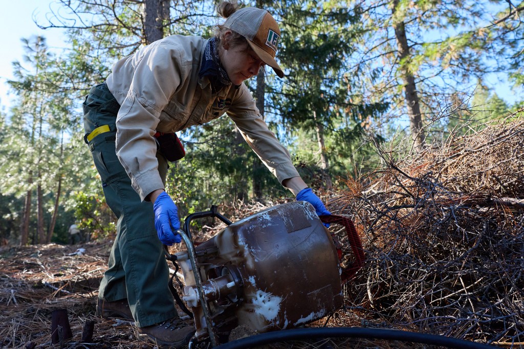 A person in brown hiking gear and blue latex gloves is bent over to pick up a pesticide sprayer beside a pile of brush in the center of a wooded area.
