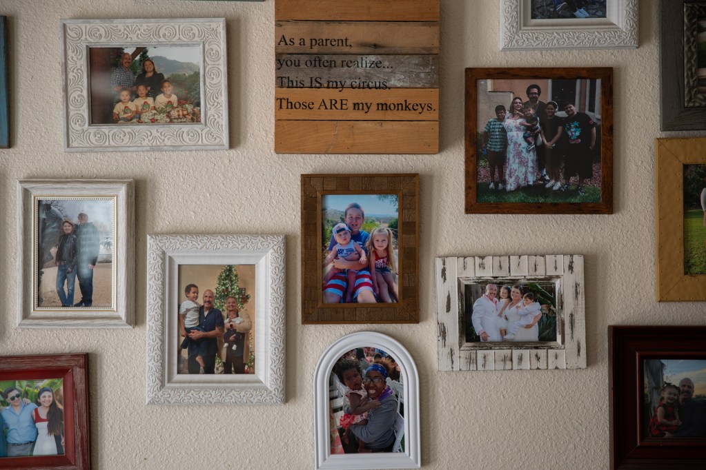 A plain white wall with an assortment of family photos hanging on it with a variety of different picture frames. A piece of wood with a phrase "As a parent, you often realize...This IS my circus Those ARE my monkeys." written on it.