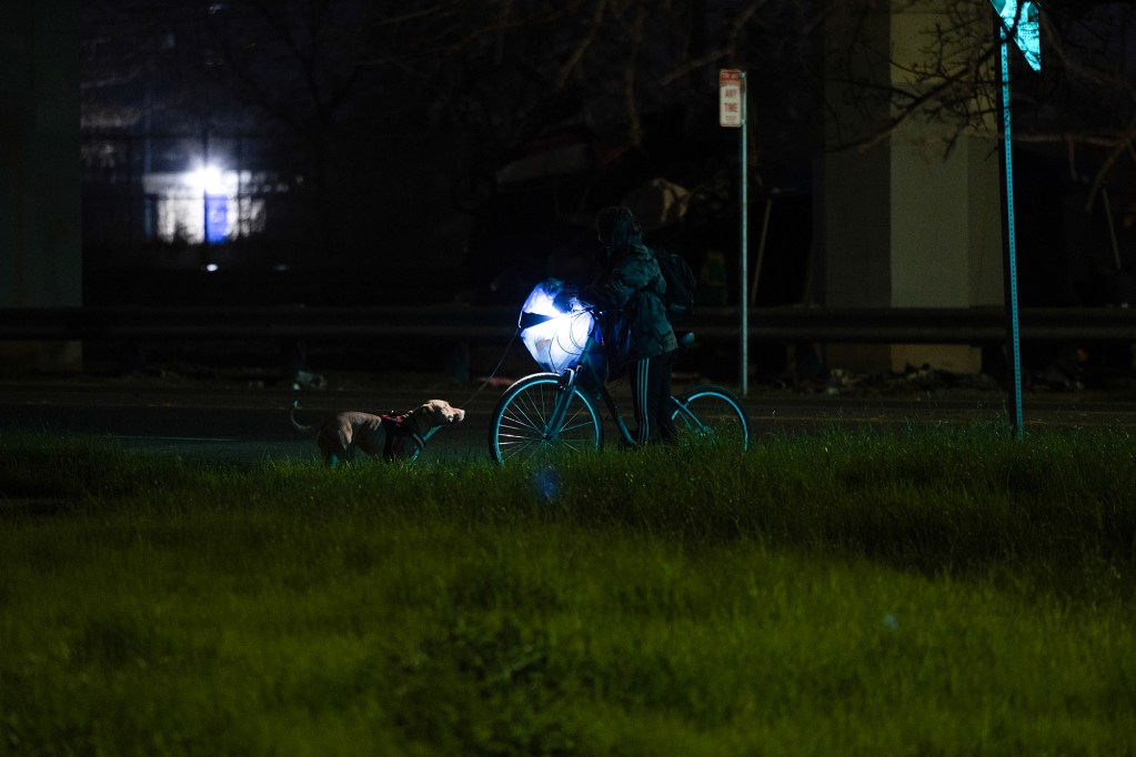 A person stands with a bicycle on a grassy roadside at night, illuminated by a bright bike light, while a dog on a leash stands nearby.