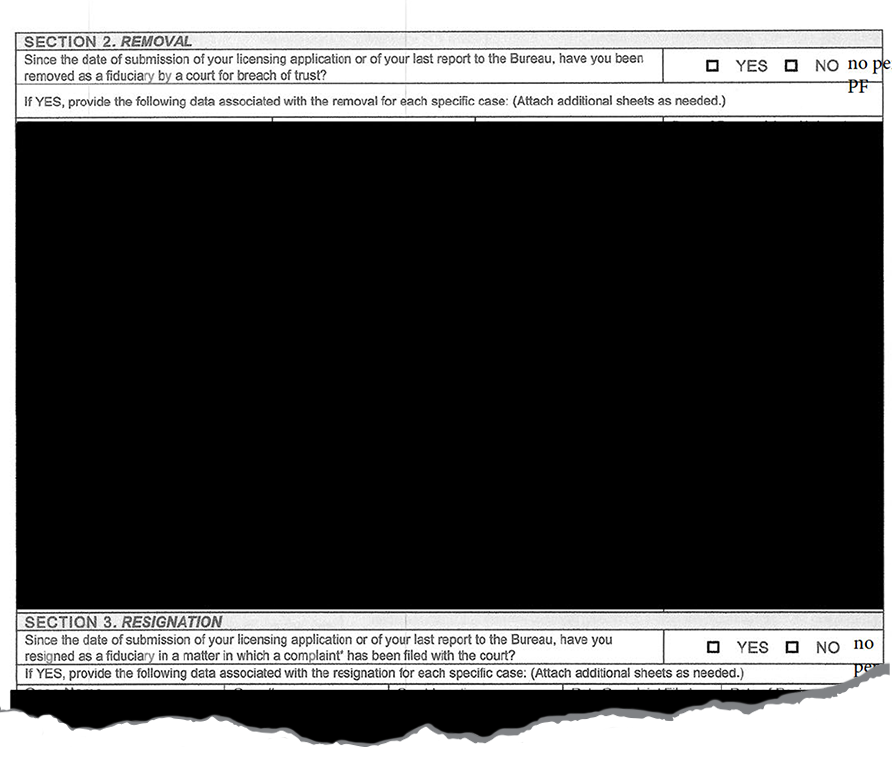 A document form is shown with sections titled “Section 2. Removal” and “Section 3. Resignation.” The form includes checkboxes for “Yes” and “No” responses and prompts for details about fiduciary removal or resignation, though much of the content is obscured or redacted.