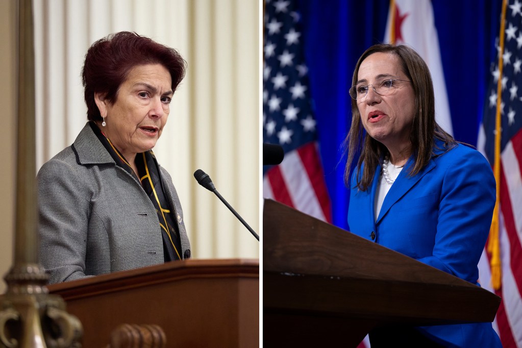 Split image of two officials speaking at podiums, one in a gray jacket on the left and one in a blue suit on the right with U.S. flags behind.