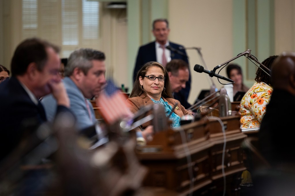 A lawmaker wearing glasses and a tan blazer sits at a desk on the California Assembly floor, looking toward the front of the chamber. Other legislators, microphones and desks are visible around her, with several people in the foreground and background out of focus.