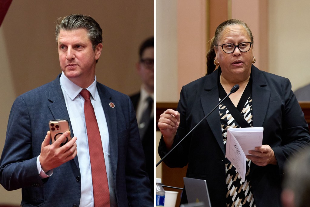 A side-by-side split image showing a person on the left in a blue suit and a red tie holding a cell phone in their hand. The person on the right is wearing a black blazer over a blouse with a black-and-white pattern while speaking on the California Assembly floor into a microphone.