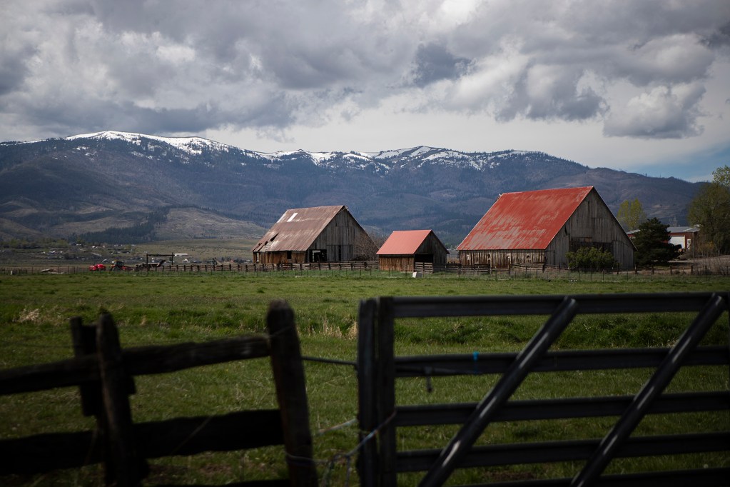 A view of two barns through a fence and over some farmland in a rural area with a snow-capped mountain range in the distance on a cloudy day.