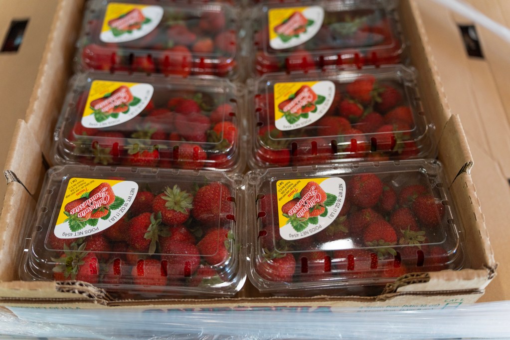 A pallet containing plastic tubs of ripe strawberries