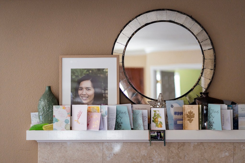 Images of a wrecked car and an altar dedicated to the woman who died in the car
